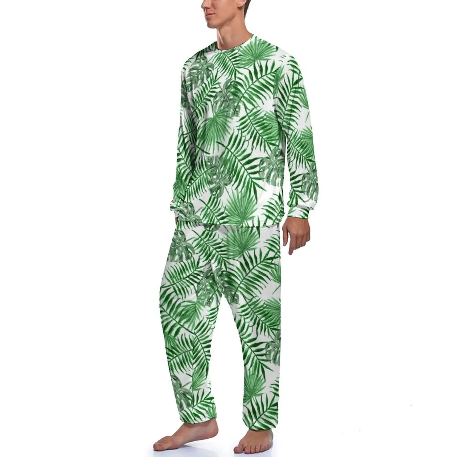 Palmtree Leaves Pajamas Autumn Two Piece Tropical Plants Print Fashion Pajamas Set Man Long Sleeve Leisure Custom Nightwear