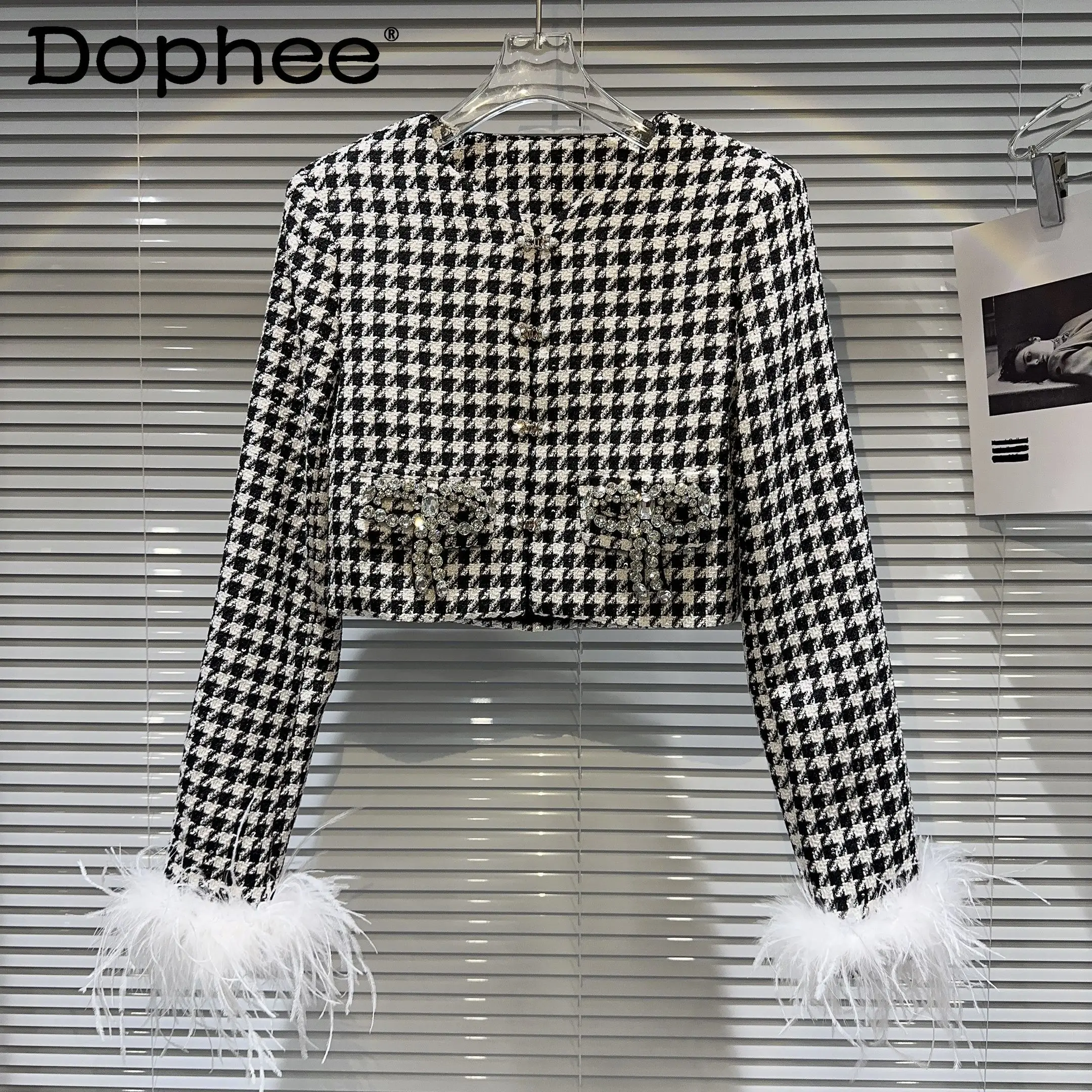 2023 Autumn Winter New Ostrich Feather Rhinestone Bow Houndstooth Tweed Coat for Women Coats Woolen Jacket Outerwear Female