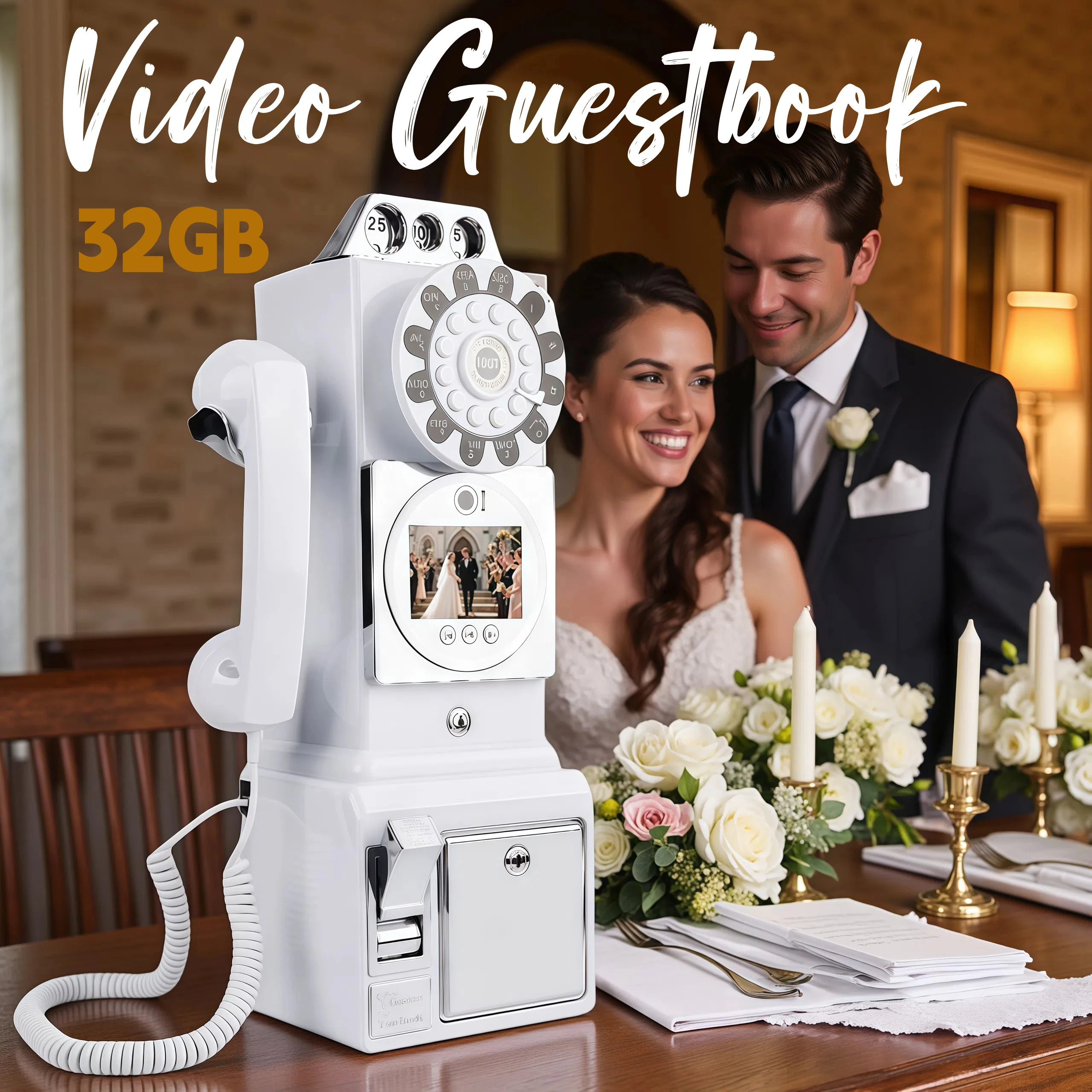Vintage 32G Wedding Audio Video Guestbook Phone Unique Video Recorder for Party Check-In Party Wishes and MP4 Message Recording