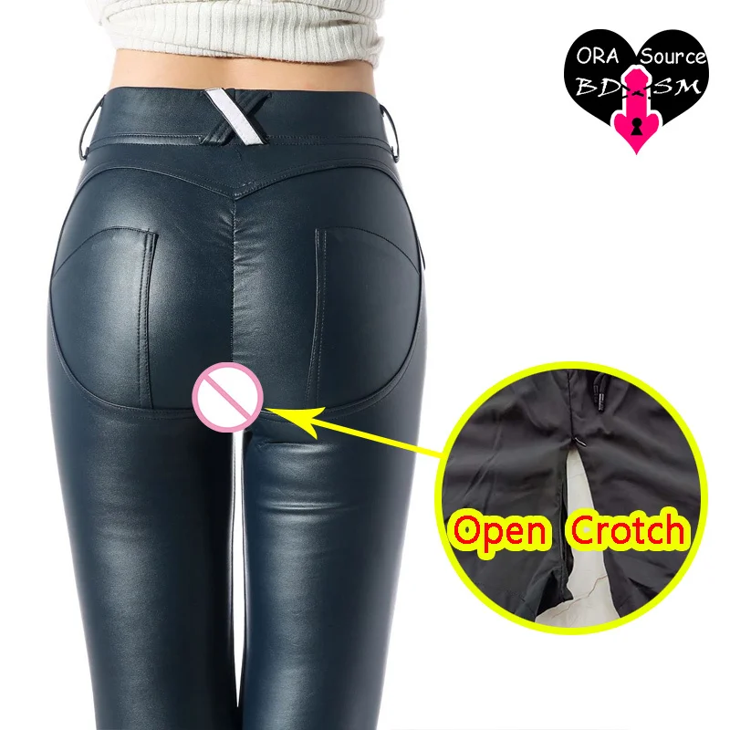 Woman Sexy Open Crotch Leggings Leather Pants Black PU Crotchless Long Panties Latex Outdoor Sex Costume Hidden Double Zippers