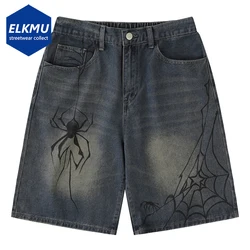 Y2K Azul Denim Shorts Aranha Cobweb Impresso Verão Solto Casual Jeans Shorts Moda Harajuku Hip Hop Streetwear Shorts para Homens