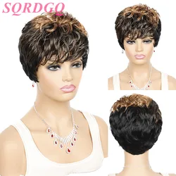 Oucey Kunst haar Perücken für Frauen kurze Perücken Frauen natürliche gewellte schwarzbraune Perücke weibliche Pixie Cut lockige Perücken mit Pony