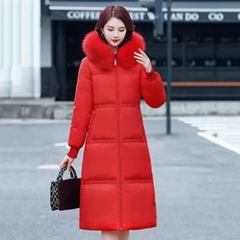 Fashion Over The Knee Long Loose Temperament Down  Women's 2022 New Winter Hooded Big Fur Collar Warm Casual  Women