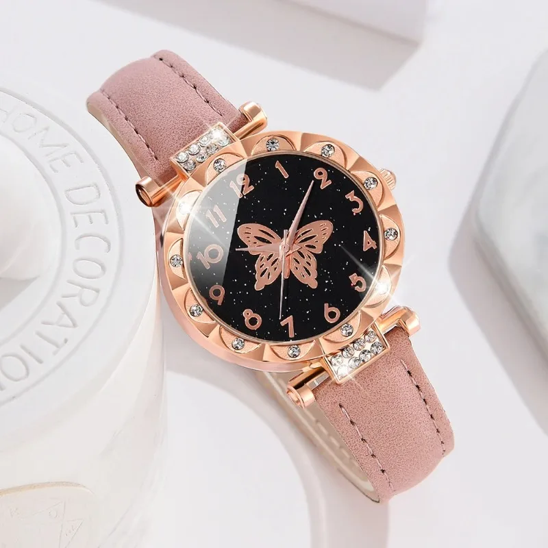 6PCS/Set Women\'s Elegant Butterfly Quartz Watch PU Leather Wrist Watch Arabic Numeral Surface & Pearl Jewelry Set