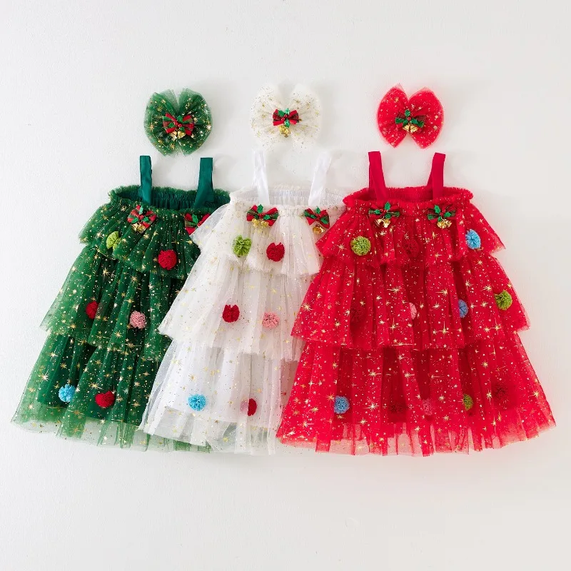

New Christmas Festival Dress Golden Snowflake Princess Cake Dress Mesh Fluffy Suspender Dress with Hairpin 9M-6T