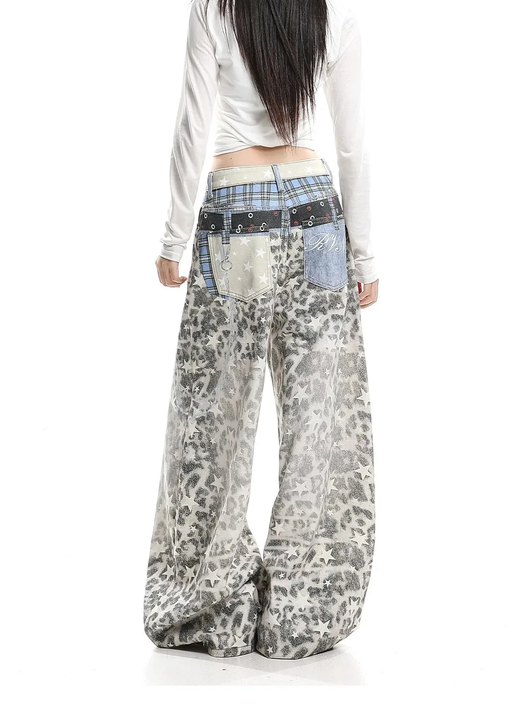 Retro Baggy American 3D Double Waist Leopard Print Jeans Loose Wide Leg Casual Trendy Couples Jeans Women's Men's Design Sense