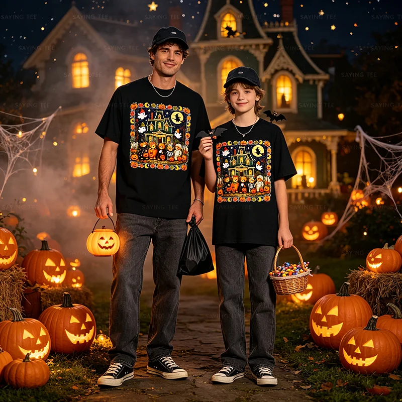 Lustiges Bären-T-Shirt mit Geisterhaus-Grafik, Y2k Horror Mummy Ghost Trick-or-Treat, It's A Scream Dare You Visit Halloween-Kostüm – Detail 3