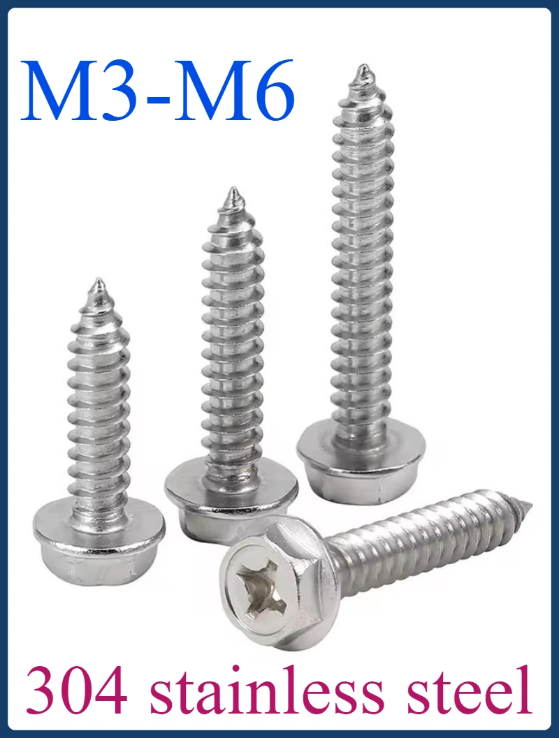 

M3 M4 M5 M6 Phillips Driving Hexagon Head Flange Self Tapping Screws With Washer 304 Stainless Steel Cross