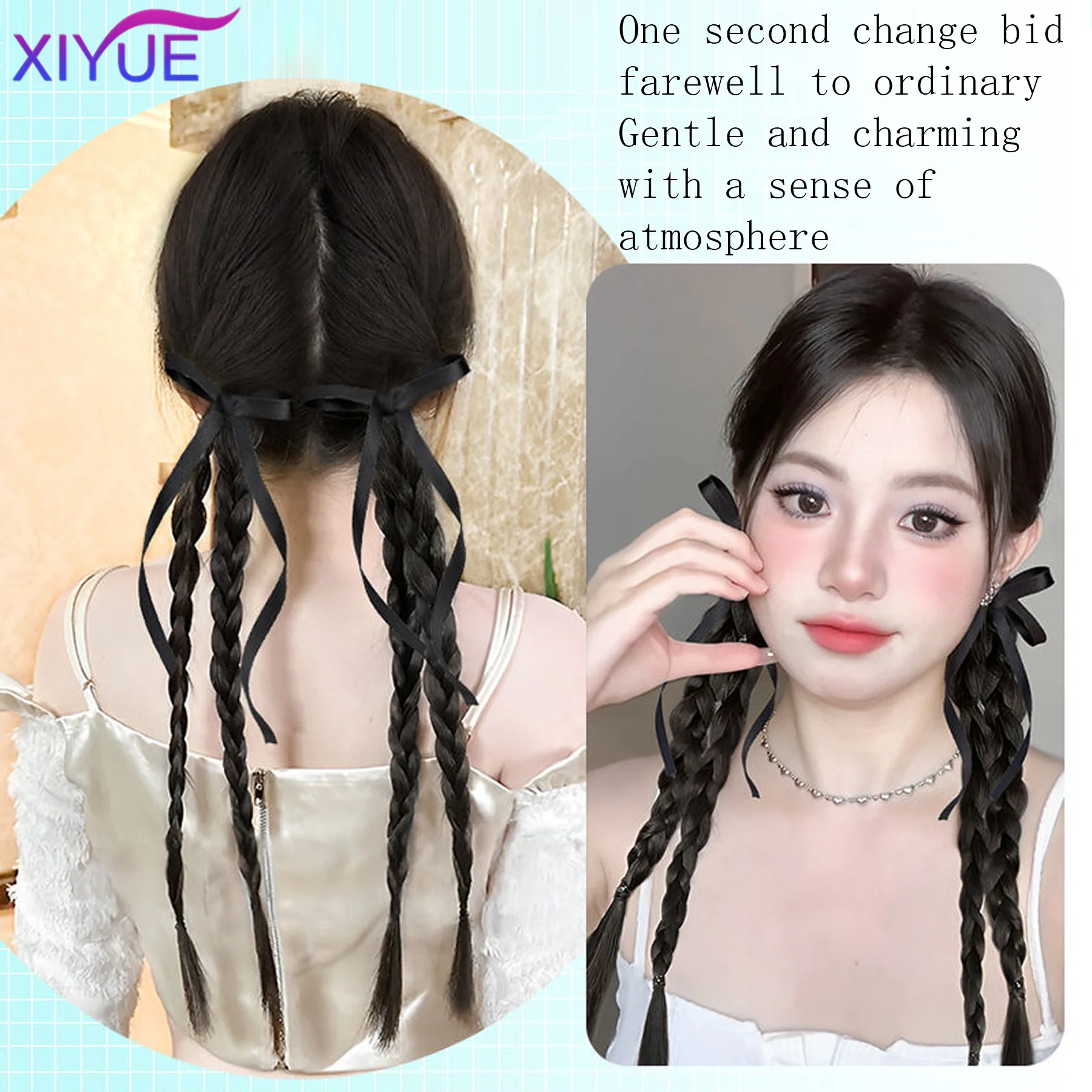 XIYUE Synthetic Braided Twist Braids ponytail Hair Extension Black Natural Wig Long Ponytail Hair Band Rubber Band Women\'s Wig