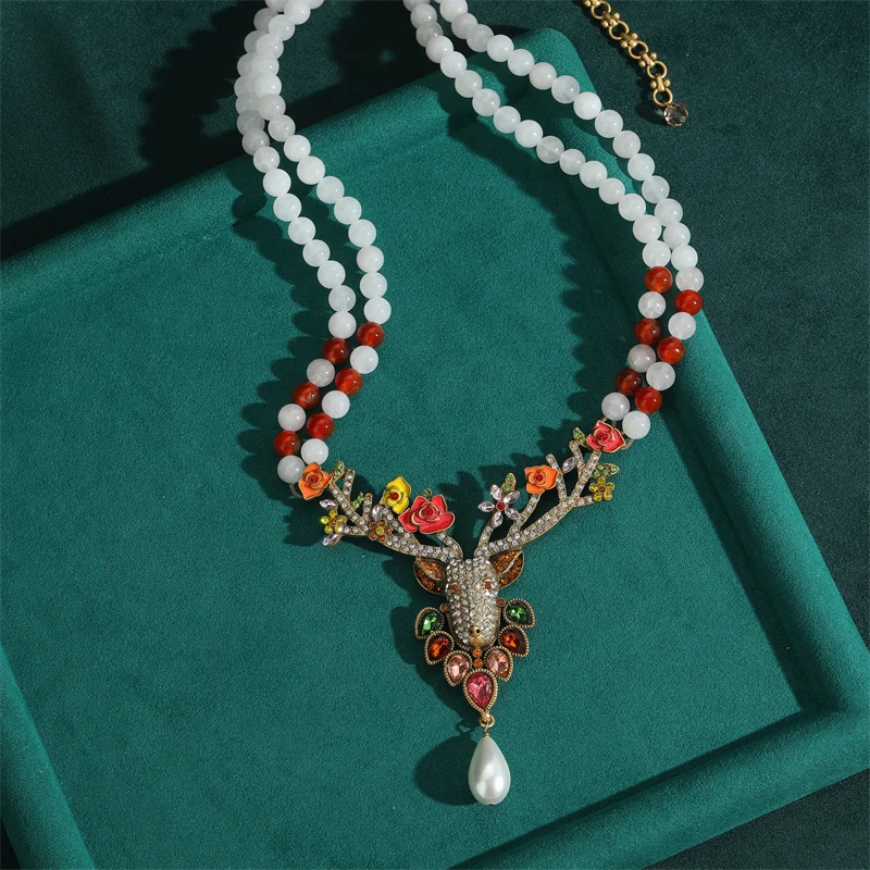 Vintage White Crystal Deer Elk Necklace Double Layered Chain Red Bead Rhinestones Christmas Gift Antique Jewelry Women New 2025