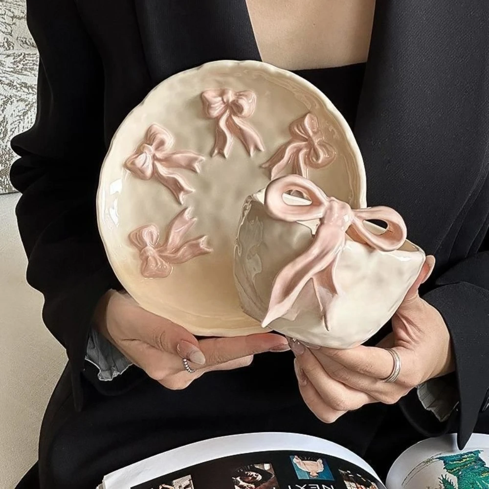 

Girly Heart Bow Embossed Plate Set, Gentle Pink Romantic, Ceramic Bowls, Yogurt Bowls