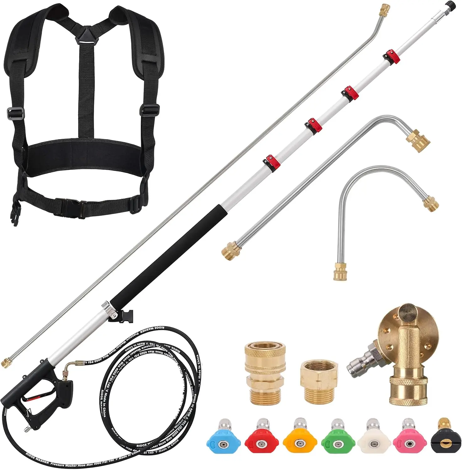 24피트 텔레스코핑 고압 세척기 완드, 3개의 곡선 완드, 7개의 노즐 팁, 조절 가능한 벨트 및 어댑터 포함, 고도 청소용