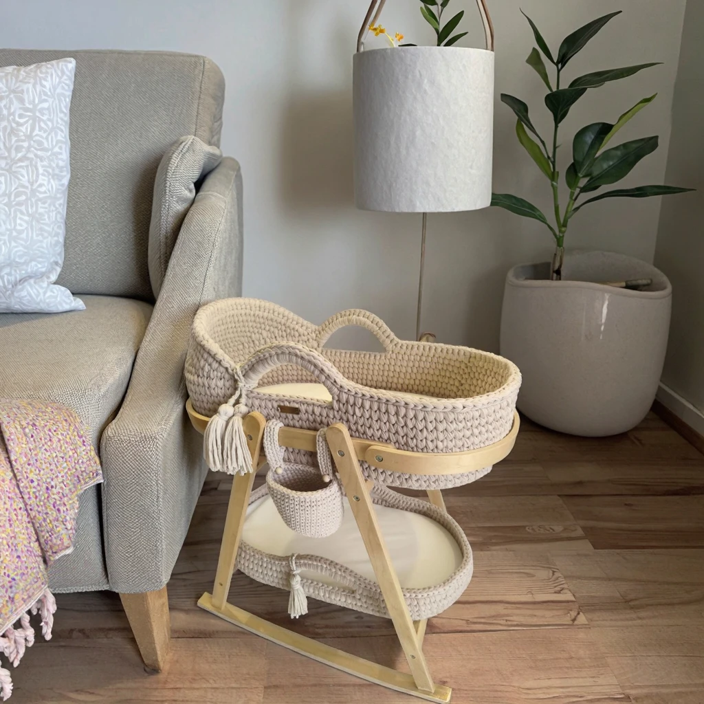 Organic cotton baby changing basket, portable waterproof diaper changing table, bohemian style baby room woven baby changing try