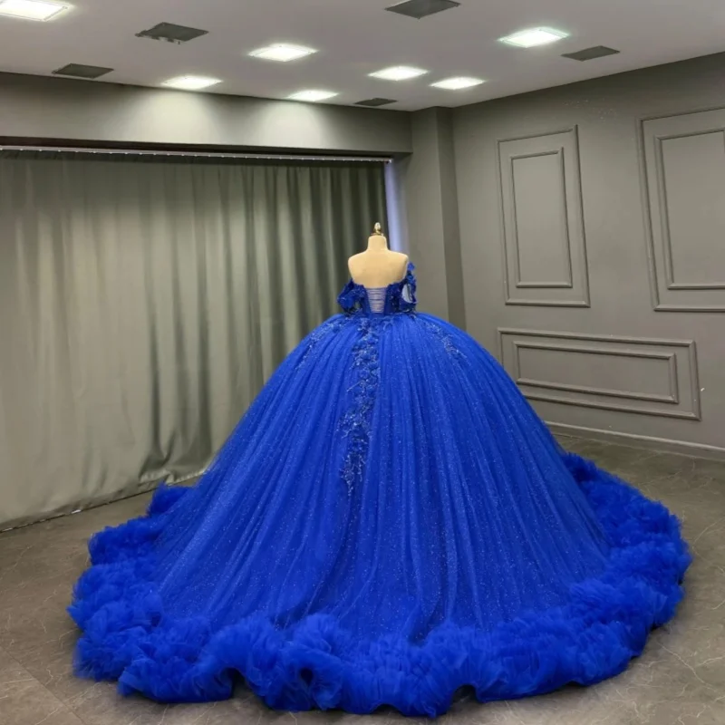 Shiny royal blue Quinceanera Dress crystal Glitter 3D Flower Decal off-shoulder Long tail Vestidos De 15 Quinceanera ﻿Customize