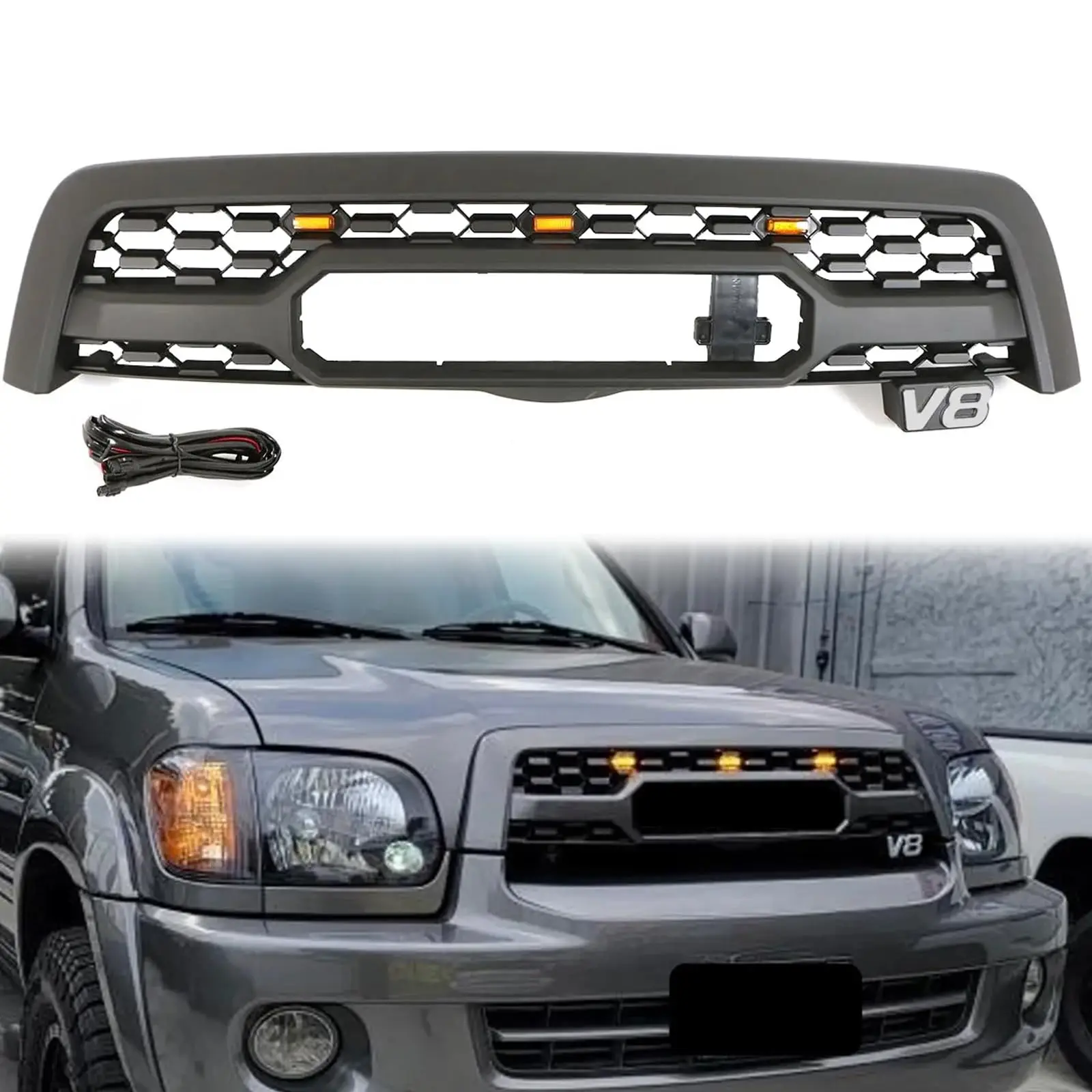 Front Grill Compatible with 2005 2006 2007 Sequoia TRD Style Front Grill Replacement ABS Bumper Grille with Letters LED Lights