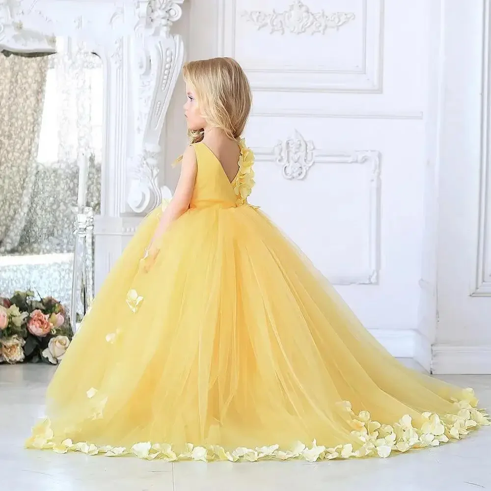 Tulle Yellow Puffy Flower Girl Dress Cute Girl Birthday Shiny Wedding Party First Communion Gown Vestidos Elegantes Para Niñas