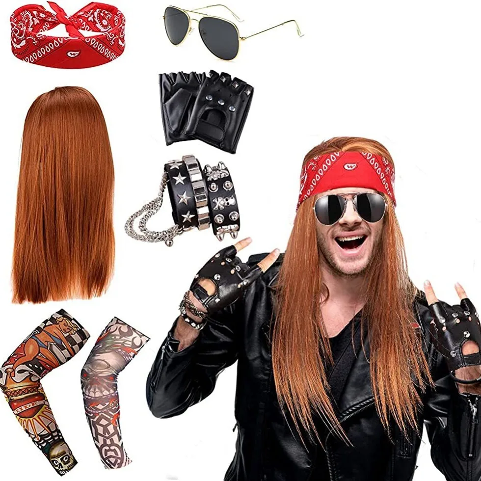 7 Pcs 70s 80s Rocker Costume Heavy Metal Wig Men Women Hippie Wig with Bandana Sunglasses Punk Gloves Tattoo Sleeves for 80s Pun