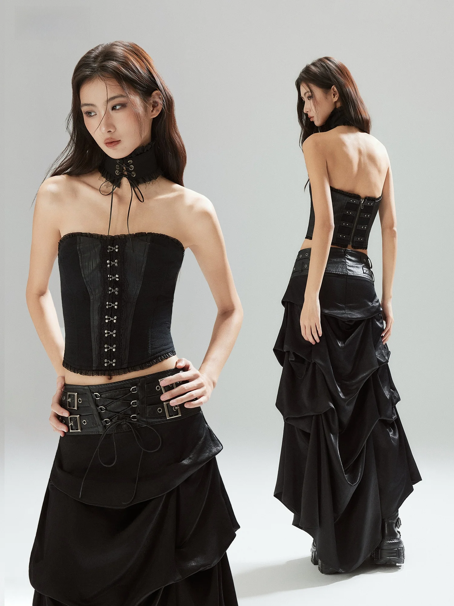 Low Pixel Retro Court Style Zipper Rivet Hook Slim Fit Tube Top Black Vintage Streetwear Cotton Blend Ladies Vest
