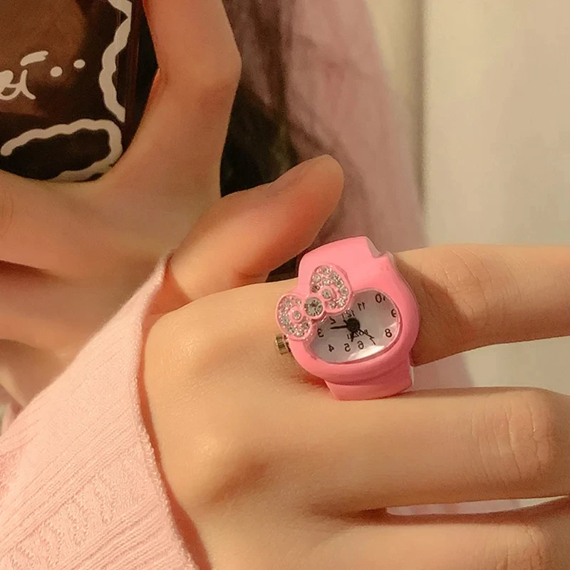 Lovely Rhinestone Bow Cat Clock Finger Ring for Women Girls Fashion Finger Adorn Accessories Punk Mini Quartz Rings 2024 New