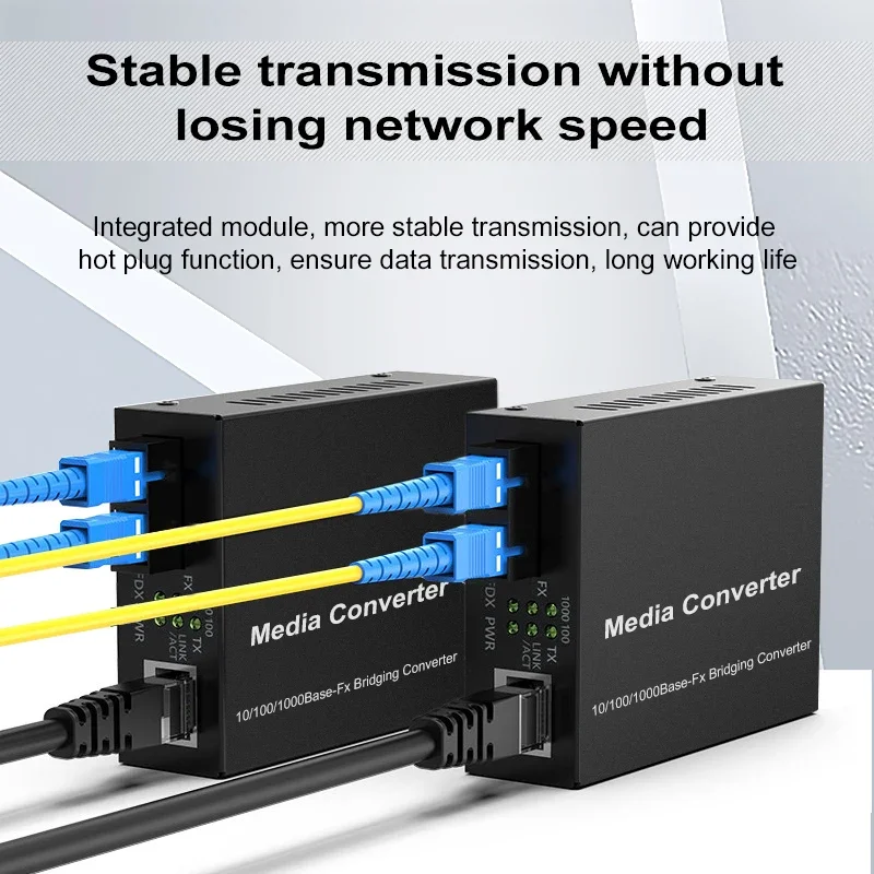Gigabit Ethernet Fiber Media Converter dengan Transceiver SC Multimode 1Gb Bawaan, RJ45 10/100/1000M hingga 1000Base-LX, hingga 2km