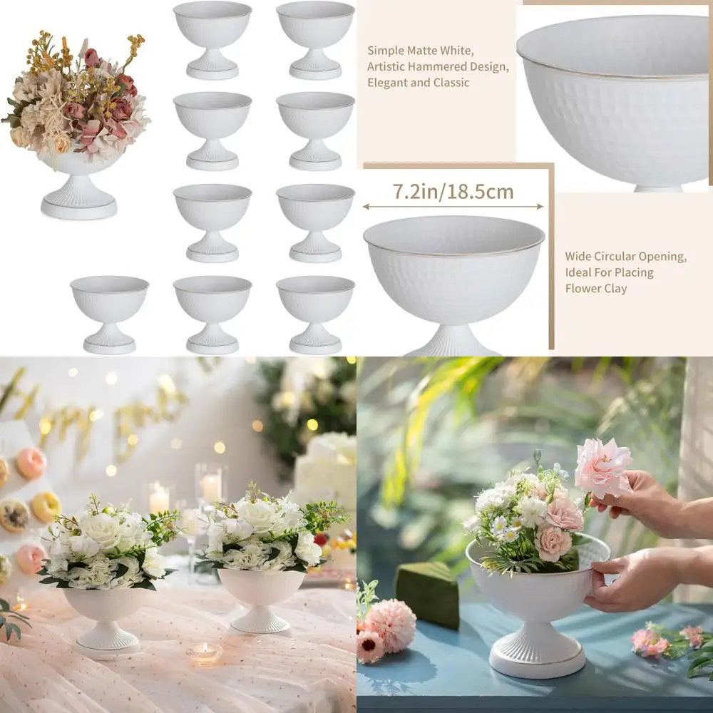 

White Metal Vase Set of 10 - 6 Inch Tall Small Vintage Flower Arrangement Pots for Wedding Table Centrepieces