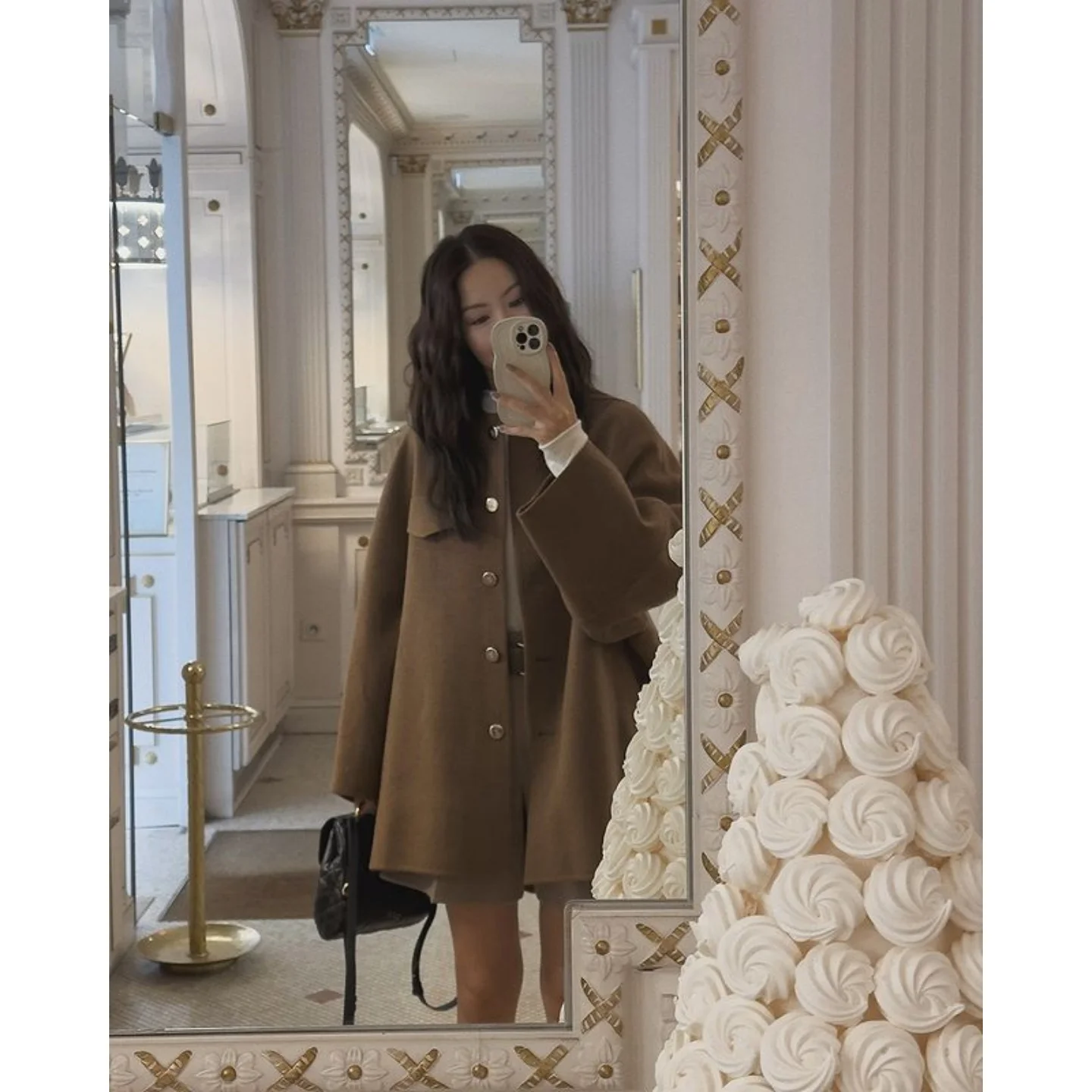 

Двустороннее шерстяное пальто ручной работы в Корейском стиле для похудения V-Ne Long Sve средней длины с одной пуговицей, чистый цвет