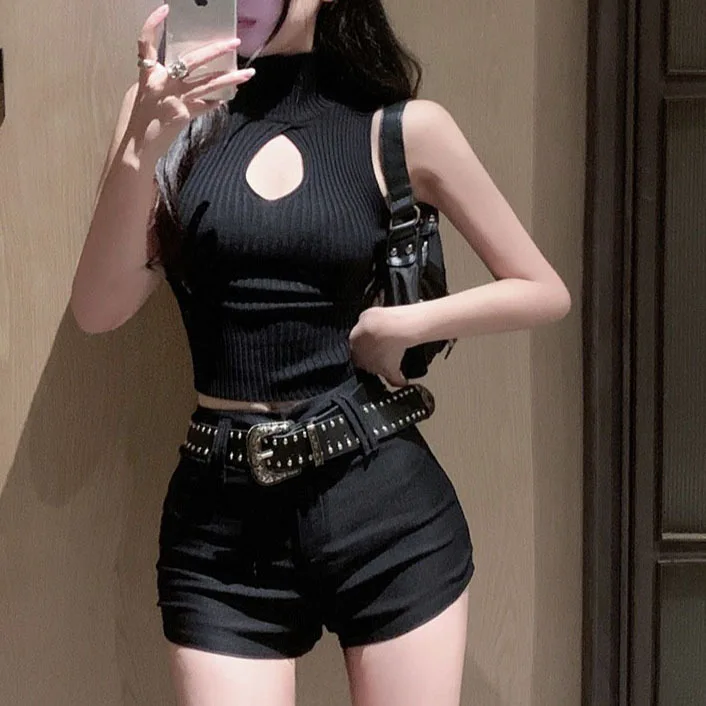 7590 Summer New Pure Desire Sexy Half Neck Hollow Out Ribbed High Waist Short Sleeveless Tank Top For Women
