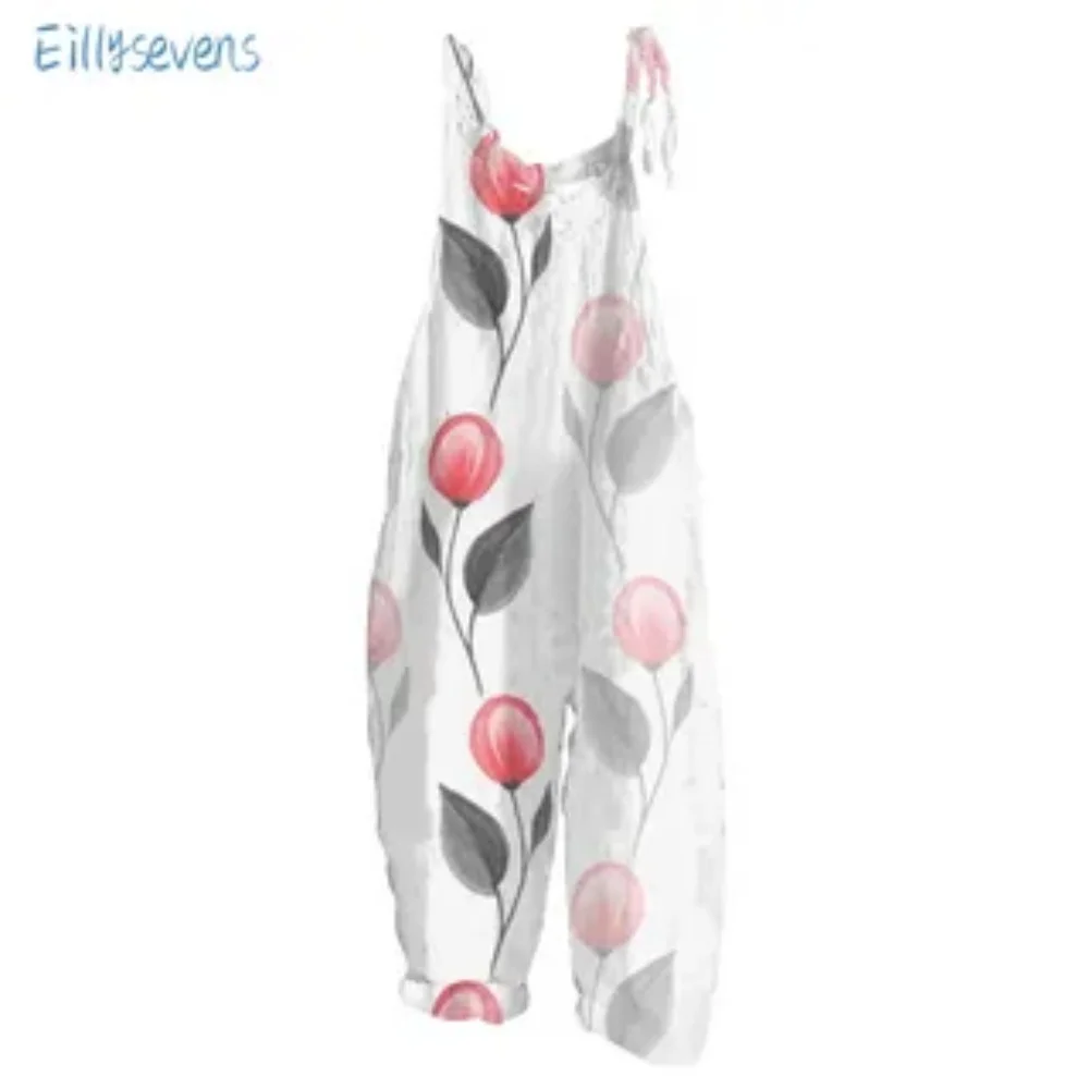 Summer 2025 women's trendy jumpsuit, 3D sunflower print simple and cute loose jumpsuit, adjustable shoulder straps