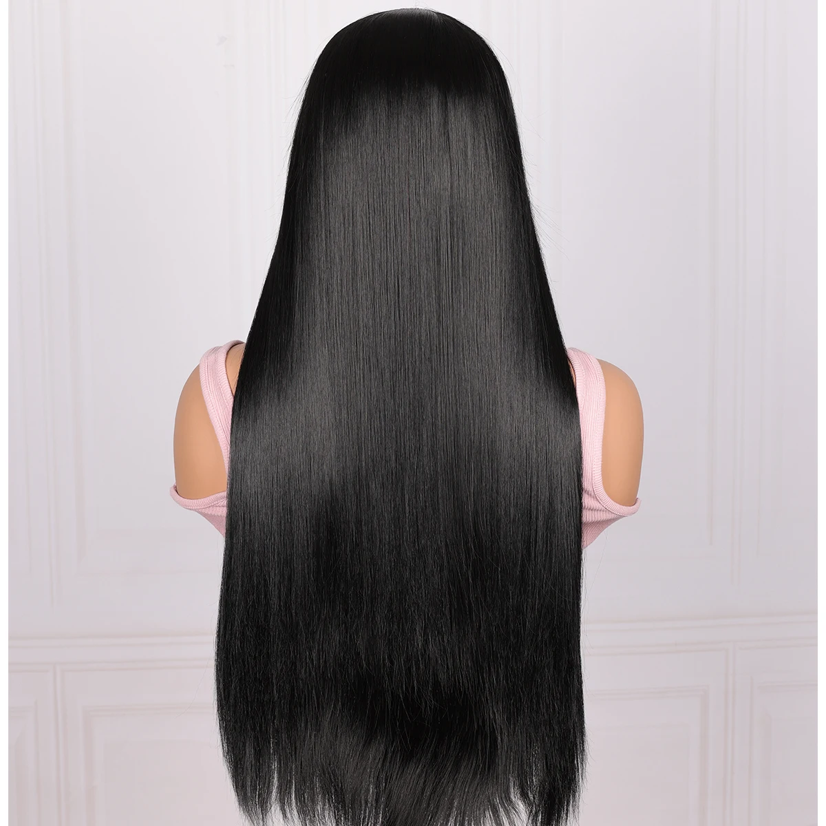 Peruca dianteira reta reta de seda macia para mulheres, preto natural, densidade 180%, cabelo do bebê, sem cola, sintética, pré-arrancada, diariamente, 26"