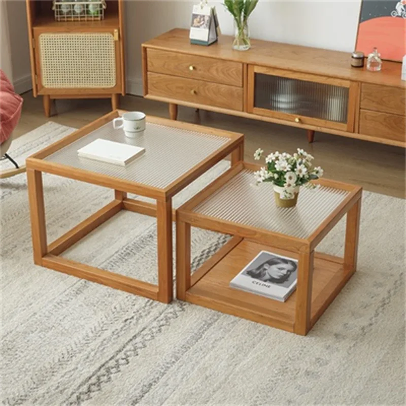 Cherry wood sugar cube coffee table Simple small apartment living room is light and easy to install solid wood glass