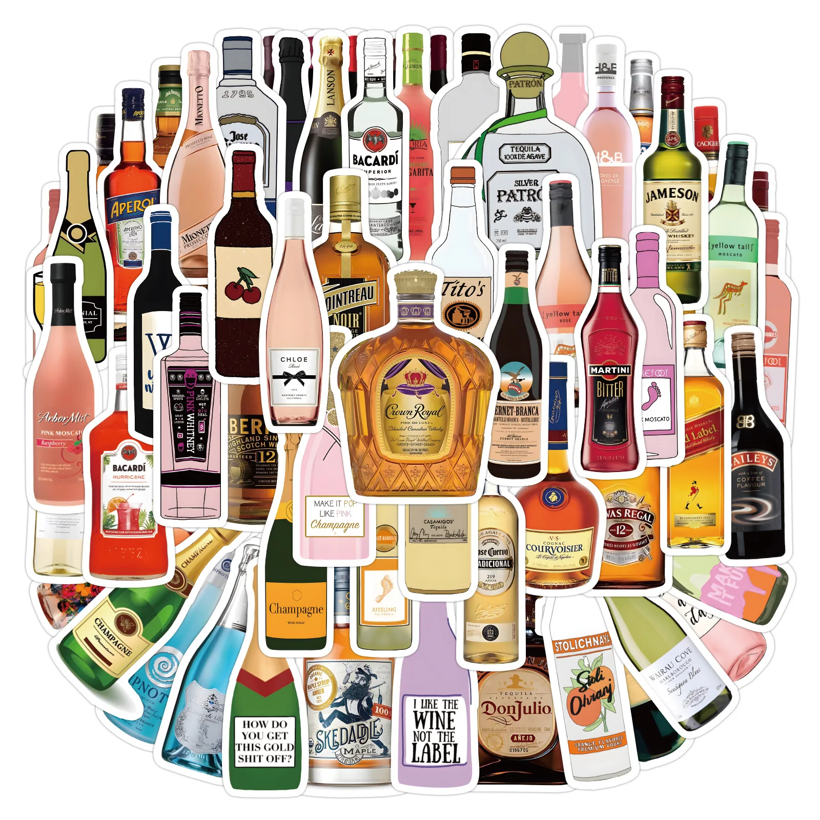 50 Uds. Surtido de pegatinas decorativas para botellas de Alcohol, vino tinto, whisky, champán, temática para diario, portátil, botella de agua, funda para teléfono