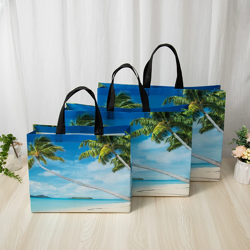 Non-woven Fabric Shopping Bag Grocery Bag Folding Shopping Pouch Eco Bag Takeaway Bag Waterproof Coconut Tree Printing