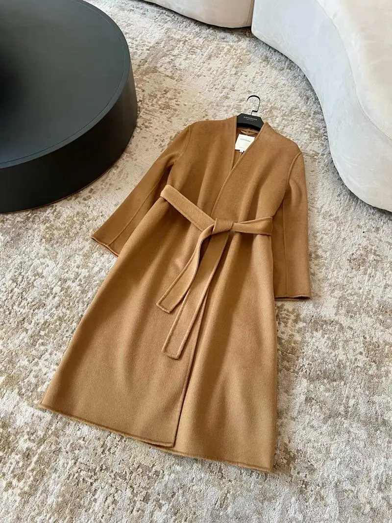 

Двустороннее шерстяное пальто Camere Ele, длинный рукав с поясом, высококачественная зимняя верхняя одежда из шелка и шерсти для женщин