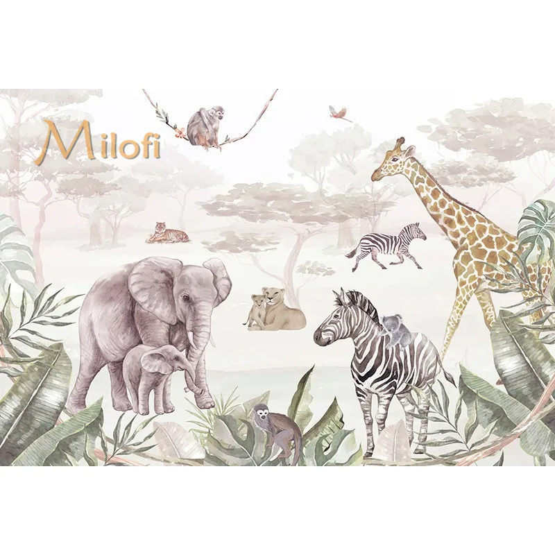Milofi Aangepaste High-End Muurschildering Tropische Jungle Giraffe Warm Cartoon Behang Kinderkamer Woondecoratie