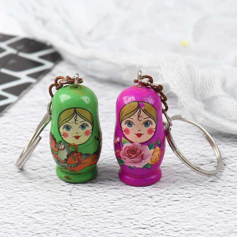 12pcs Matryoshka Russian Dolls Key Rings Drip Wood Keychains Decor Christmas Gift