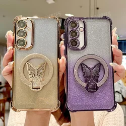 Plating Butterfly Ring Holder Phone Case for Samsung Galaxy S25 S24 S23 Ultra Plus FE A56 A36 A26 A16 A06 A55 35 25 15 05S Cover