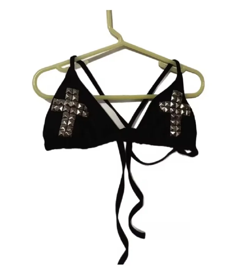 Costume da bagno Y2K con laccetti, stile emo, sexy, retrò, punk, novità, da spiaggia, moda gotica, stampa mattoni, bikini