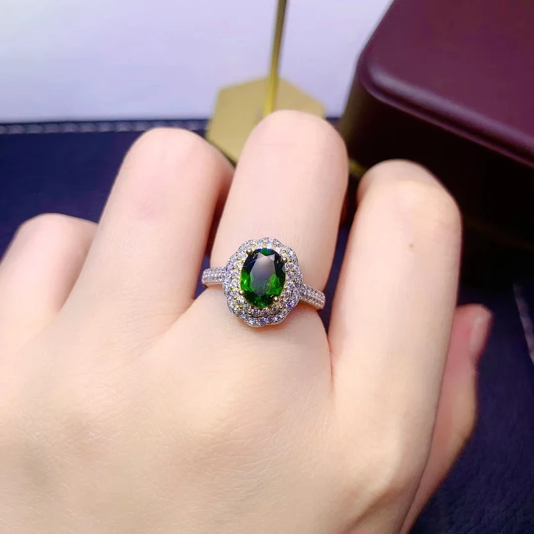 

Classic Chrome Diopside Ring for Daily Wear 6mm*8mm Natural Diopside Silver Ring 925 Silver Russian Emerald Jewelry