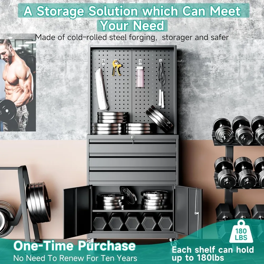 Gabinete de almacenamiento de metal con cerradura rodante con cajones para garaje, gabinete de herramientas resistente con ruedas, Sto de resistencia industrial negro