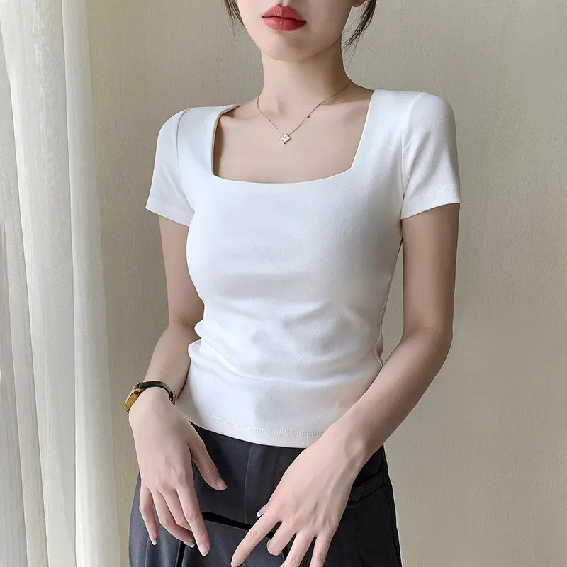 

New Women Elegant Square Collar T Shirts Spring Summer Casual Rib Tops Casual All-Match Tees Fashon Chic Sweet Girls Streetwears