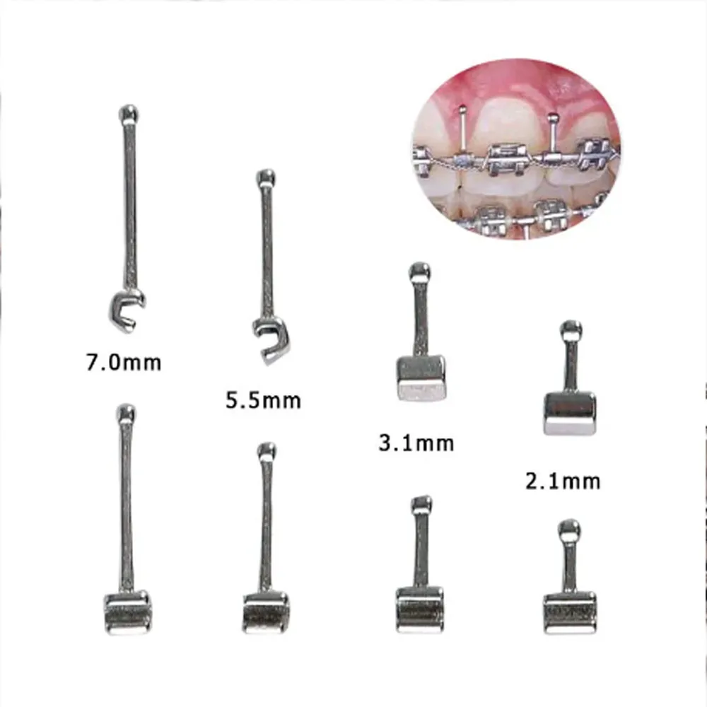 10pcs Dental Orthodontic Bondable Sliding Long Curved Crimpable Hook Ball Multi-Hook Brackets Double-Sided Hooks Lingual Buttons