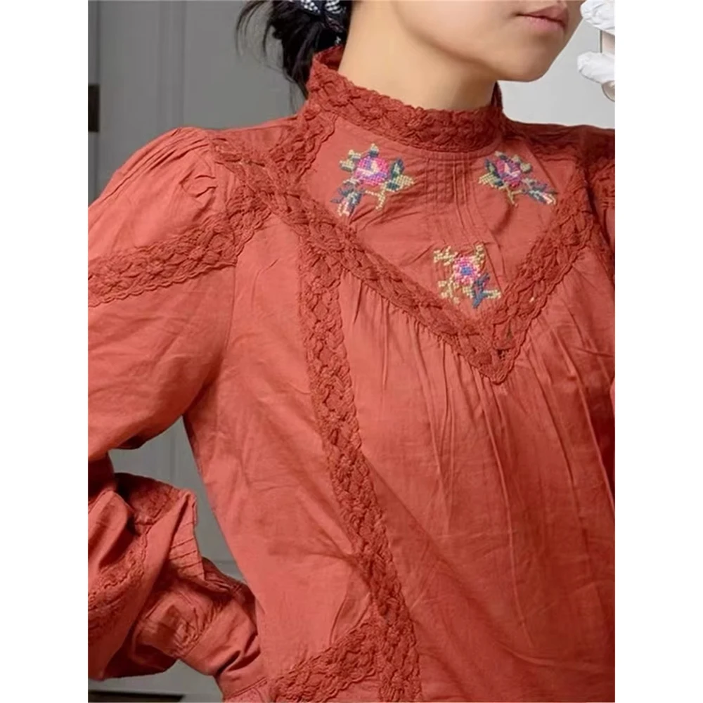 

Винтажная кружевная лоскутная блузка с вышивкой, женская весенне-осенняя хлопковая элегантная рубашка с пышными рукавами, топы, элегантная рубашка, блузки 2026