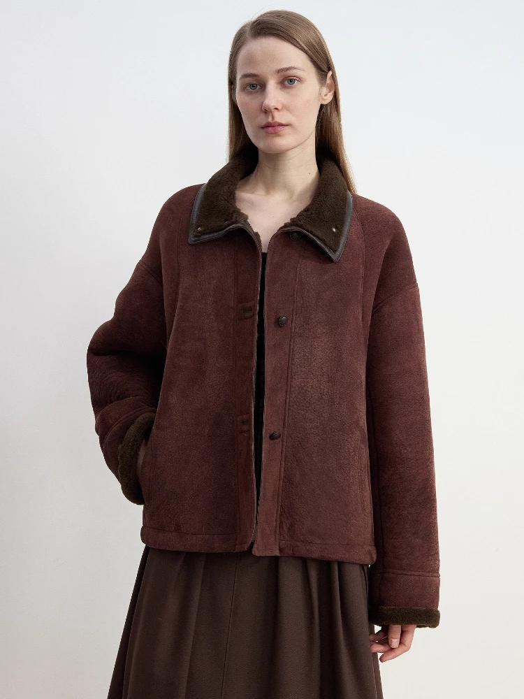 High-end Luxury Merinoแกะขนสัตว์ฤดูหนาวSuedeแจ็คเก็ตผู้หญิง 2025 ใหม่VINTAGEสั้นของแท้หนังReal Lamb FUR Coat