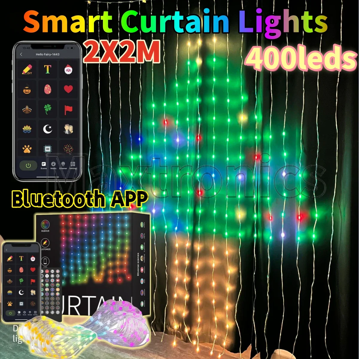 

DIY Christmas Smart Curtain Lights 400LED USB Curtain String Lights App Remote Control Music Sync Holiday Party Curtain Strings