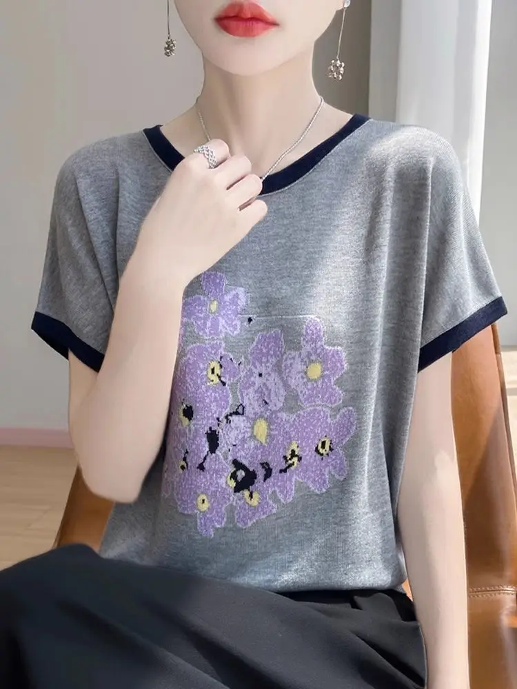 Faionable Mommy Ice Silk Gestricktes T-Shirt Loose Fit ort Sve Bedrucktes lässiges Top Ele Young Sle Sommer atmungsaktiv