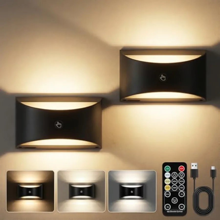 

Battery Powered Wall Sconces Set of Two Rechargeable Magnetic Wall Sconce with Remote Control 3 Colors Wireless Up and Down Wal