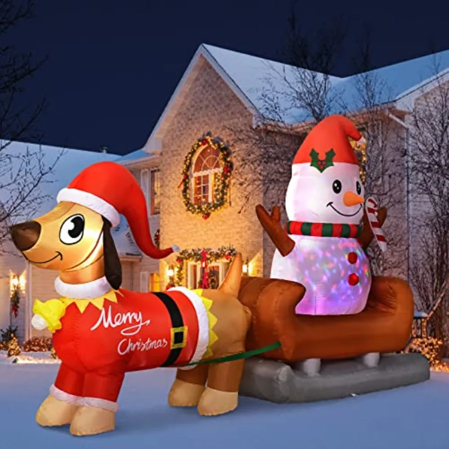 

8 Ft Outdoor Inflatable Snowman Christmas Decoration with Rotating LED Lights, Dog Inflatable Xmas Yard Decor