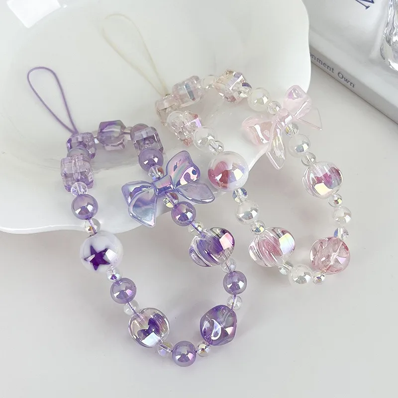 Süße Candy Farbe Mobile DY Telefon Kette Nette Schleife Perlen Handy Anhänger Charms Frauen Handy Fall Anti-verlust Lanyard schmuck