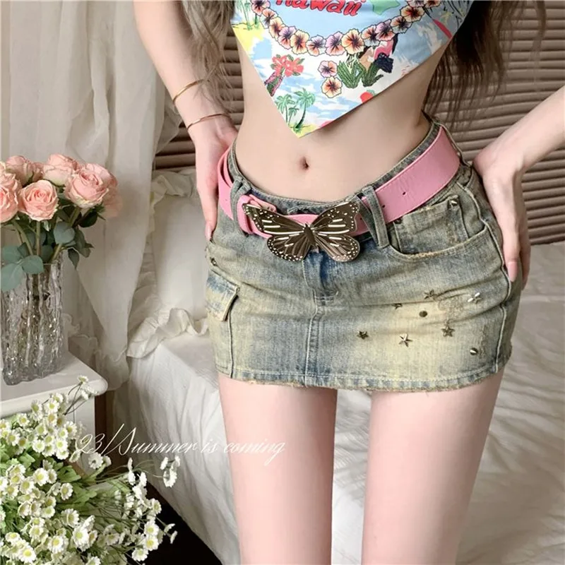 STSVZORR Y2K Vintage Willow Nail Heavy Industry Denim Skirt Women's 2023 Summer New Low Waist Sexy Wrapped Hip Short Skirt