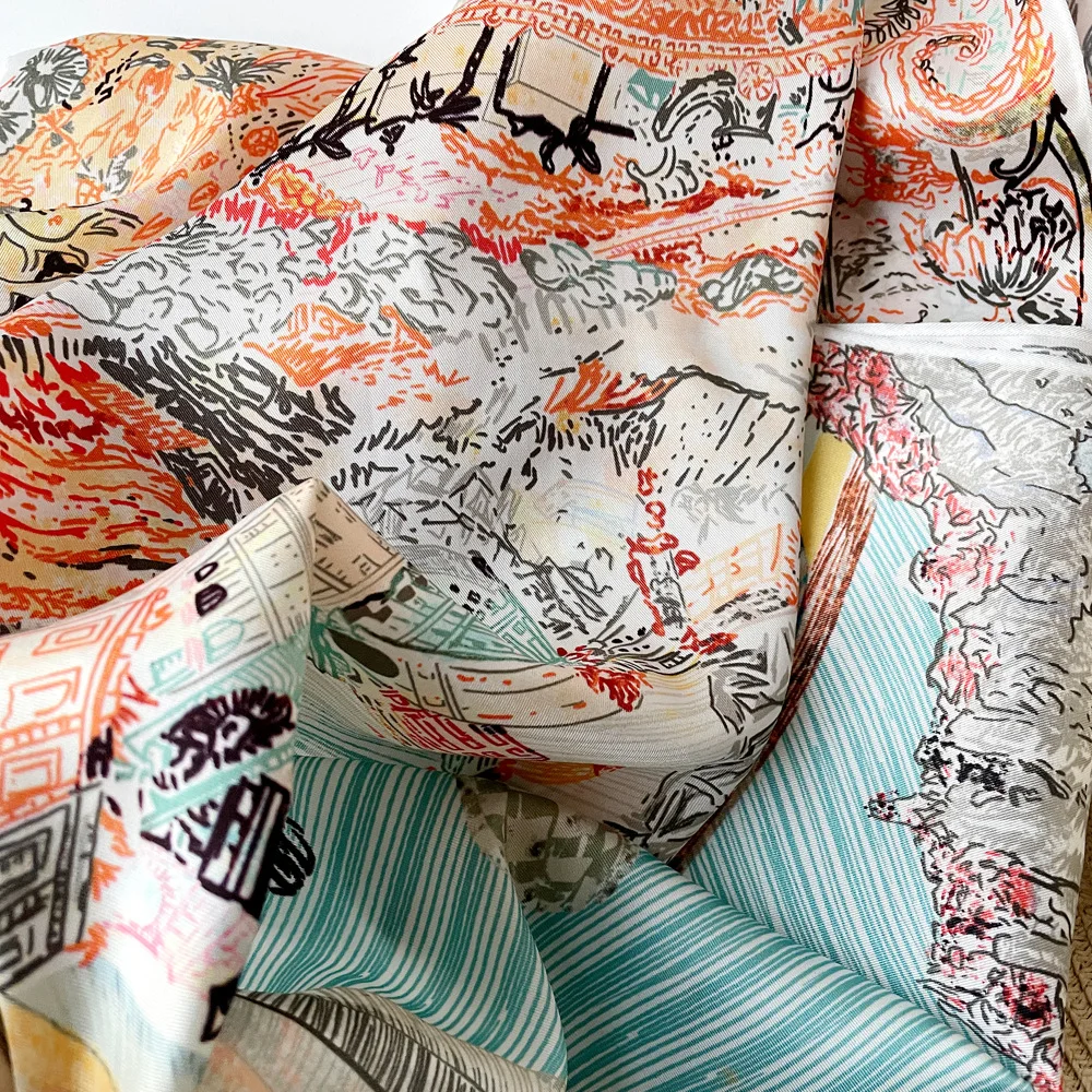 90cm silk scarf women's printed scarf European and American cross-border headscarf, retro large square scarf, shawl wholesale image 5